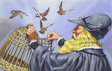 Léonard de Vinci, qui achetait des oiseaux en cage pour les libérer (gouache sur papier)