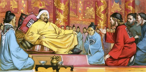 Marco Polo à la cour de Kublai Khan, 20e siècle (gouache sur papier)