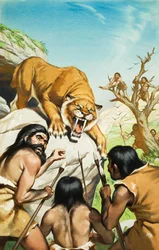 Tigre à dents de sabre et hommes des cavernes (gouache sur papier)