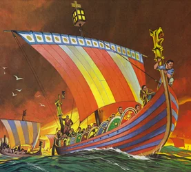 Les Normands traversent la Manche pour se rendre à Hastings (lithographie couleur)