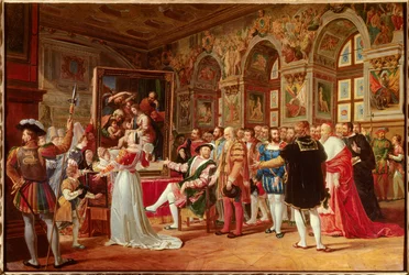Le siècle de François 1er : François 1er Roi de France reçoit la peinture de la Sainte Famille à Fontainebleau, envoyée de Rome par Raphaël en hommage à sa gratitude
