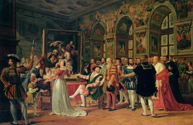 François Ier (1494-1547) recevant une peinture de la Sainte Famille par Raphaël