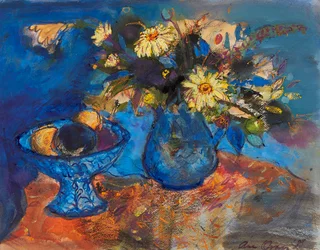 Fleurs et fruits sur bleu et orange