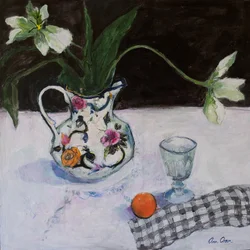 Nature morte avec tulipes blanches et un verre, 2019