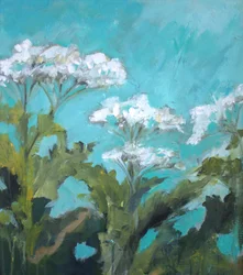 Fleurs blanches, ciel turquoise