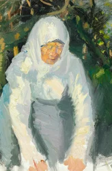 Femme de Skagen avec un foulard blanc.