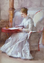 Une femme en blanc écrivant à un bureau, vers 1864-1930