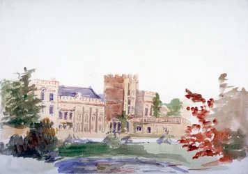Château vu à travers les arbres, vers 1864-1930