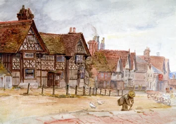 Rue de village avec maisons Tudor, vers 1864-1930
