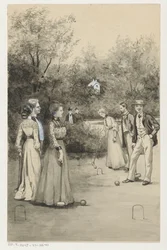 Hommes et femmes jouant au croquet