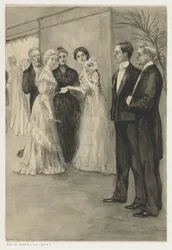 Sœurs en tenue de soirée regardant deux jeunes hommes
