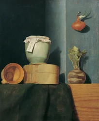 Nature morte avec ustensiles de cuisine, oignon et chou-rave