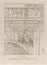 Grotesques : détail des reliefs en stuc décorant le Colisée à Rome, avec une aile...