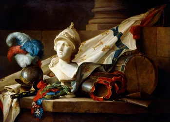 Un buste de Minerve avec armure et armes sur une corniche de pierre, 1777