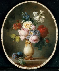 Un vase de fleurs et deux prunes sur une table en marbre, 1781