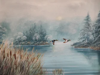 Des canards au-dessus du lac en hiver