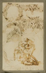 Silène ivre et esquisses décoratives : Études pour la Tazza Farnese (recto) ; Deux Putti se battant : Étude pour la Galleria Farnese (verso)
