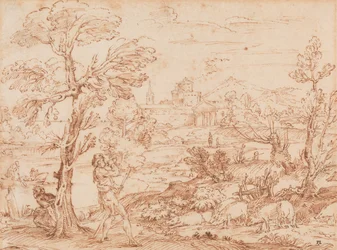 Paysage avec bouvier et cochons,
XVIe-début XVIIe siècle (Plume et encre sur papier)