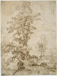 Paysage avec un homme endormi sous un arbre (recto) ; Paysage avec un cavalier (verso)