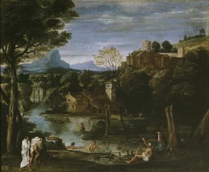 Paysage avec rivière et baigneurs