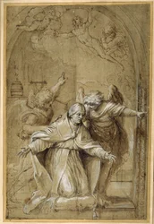 Saint Grégoire assisté par des anges priant pour les âmes au Purgatoire
