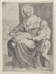 La Vierge assise tenant un coussin sur ses genoux avec le jeune Christ debout à droite, 1580-1600