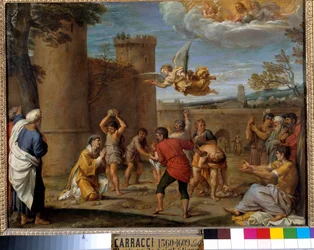 La lapidation de saint Étienne : saint Étienne fut le premier martyr chrétien, mort lapidé en 36 apr. J.-C. Peinture d