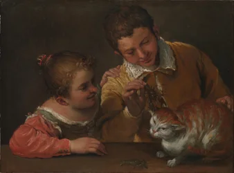frDeux enfants taquinant un chat