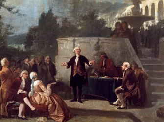 Le dramaturge italien Carlo Goldoni déclare un sonnet devant les membres de la Colonia Alfea dans le jardin Scotto de Pise