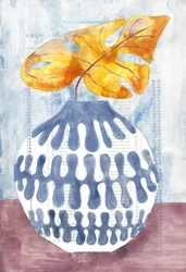 Vase bleu à feuilles dorées