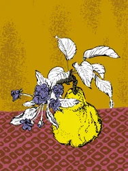 Coings et fleurs violettes