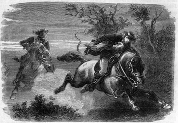 21 juin 1791 - Jean-Baptiste Drouet avec son ami Jean-Chrisosthome Guillaume se dirigeant vers Varennes pour retrouver les traces du roi Louis XVI - Gravure dans « Histoire des Girondins » par Alphonse de Lamartine (1790-1869) 1865-1866. Collection privée