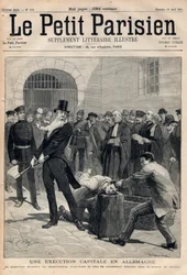 Une exécution capitale en Allemagne. Le bourreau Friedrich Reindel (1824-1908) de Magdebourg décapite le condamné Klausin dans la prison de Berlin. Gravure dans «Le Petit Parisien» du 19-04-1891. Collection privée.