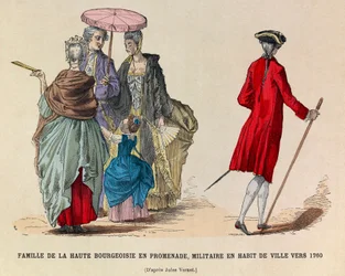 Une famille de haute bourgeoisie en promenade et un soldat en tenue de ville en 1760 (règne du roi Louis XV)