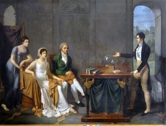 Un scientifique (probablement Alessandro (Alexandre) Volta) faisant une expérience scientifique devant la famille Melzi Deril. Peinture anonyme.