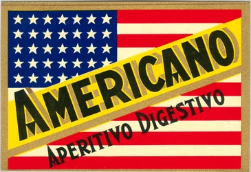 Publicité pour le short drink italien Americano, avec drapeau américain