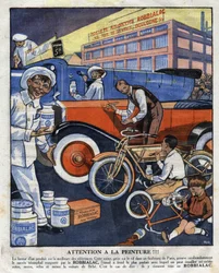 Illustration publicitaire pour les peintures Robbialac adaptées à tous les usages (voiture, moto, vélo). Illustration de "Le petit journal" 22/02/1925. Collection privée