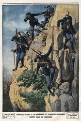 Chasseurs alpins à la recherche de touristes allemands perdus. Ils voulaient aller au mont Nero (Casque du Nero) du massif de la Chartreuse. Gravure dans « Le Petit Journal », le 7/07/1912. Collection privée.