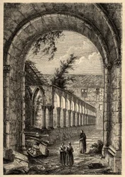 Ancien cloître du couvent des Cordeliers ou de Saint-François de Quimper (Finistère) - gravure dans "PATRIE - DESCRIPTION PICTURESQUE DE LA FRANCE EN 6 VOLUMES" par Lucien Huard - fin 19ème siècle