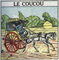 Traction animale : coucou, transport public utilisé en France du milieu du 18e siècle au milieu du 19e siècle, également appelé « pot de chambre ». Illustration anonyme de 1925. Collection privée.