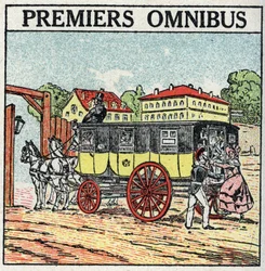 Traction animale : premier omnibus apparu en France sous Charles X (1824-1830). Illustration anonyme de 1925. Collection privée.