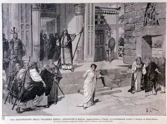 Antigone condamnée à mort. Scène de la pièce Antigone, avec musique de Camille Saint-Saëns, jouée à Paris