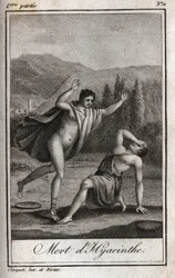 Apollon et Hyacinthos (Mort de Hyacinthe) Gravure de 1819 dans "Lettres à Emilie sur la mythologie" par Charles Albert Demoustier (1760-1801). Collection privée.