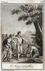 Apollon et le serpent Python sur le mont Parnasse. Gravure de 1819 dans « Lettres à Emilie sur la mythologie » de Charles Albert Demoustier (1760-1801). Collection privée.