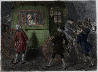 Arrestation de Louis XVI (1754-1793) et de sa famille en fuite à Varennes le 21 juin 1791. Gravure de 1866 dans «Histoire de la Révolution française» d