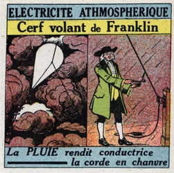 Électricité atmosphérique: cerf-volant de Benjamin Franklin (1706-1790) en été 1752. Illustration anonyme de 1925. Collection privée.