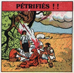 Électricité atmosphérique: hommes électrocutés par la foudre restent pétrifiés. Illustration anonyme de 1925. Collection privée.