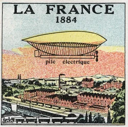 Ballons : le dirigeable « La France » en 1884 utilisant la batterie électrique inventée par les Français Renard et Krebs. Illustration anonyme de 1925. Collection privée.