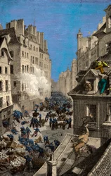 Bataille à la barricade de la rue Saint-Antoine en 1830. Gravure. Collection privée