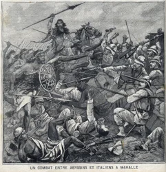 Bataille entre les Abyssins de Ménélik II et les Italiens à Makallé, Éthiopie. Gravure dans "Le Petit Parisien"